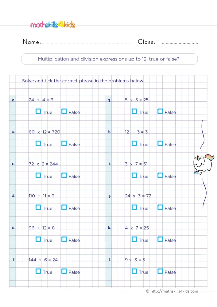 Preview of the products and quotients page: twelve number sentences in two columns with True and False boxes and a unicorn cat.