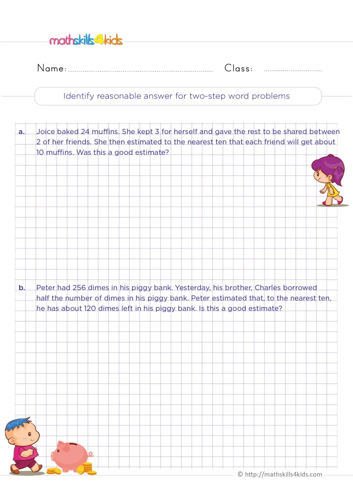 Preview of the reasonable estimates page: two word problems on grid paper, a walking girl and a boy beside a piggy bank.