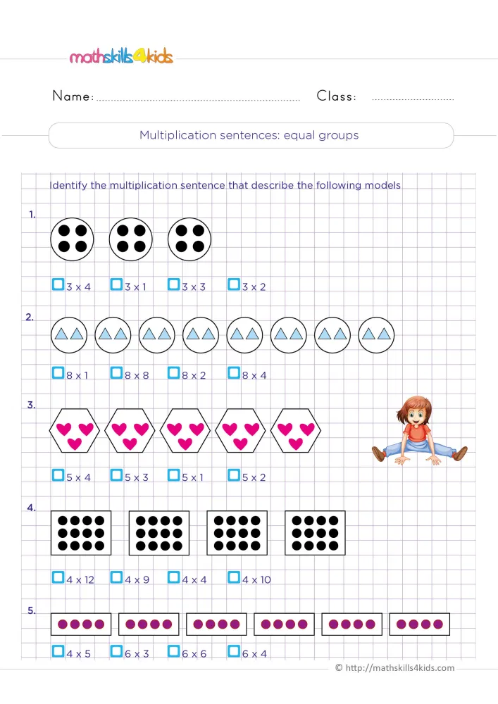 Preview of the multiplication sentences page on a purple grid: five rows of pictures, four tick boxes under each, and a cartoon girl.