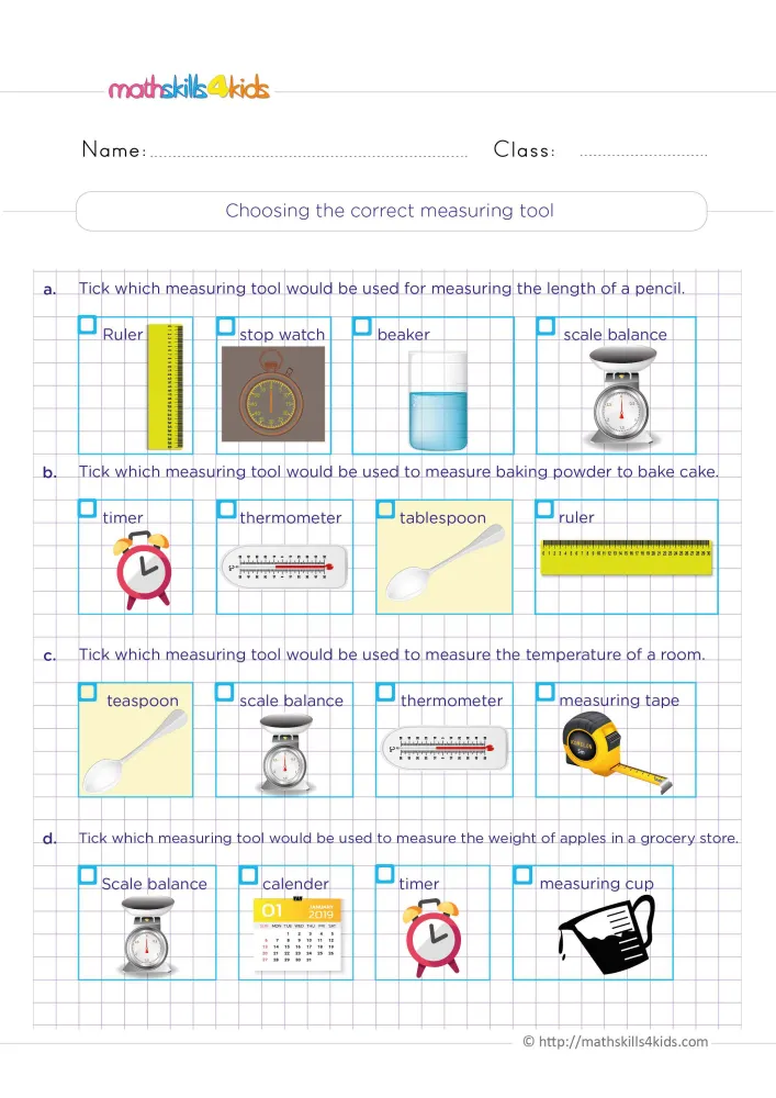 Preview of the measuring tool page: four rows of tool pictures in blue boxes on light purple grid paper.