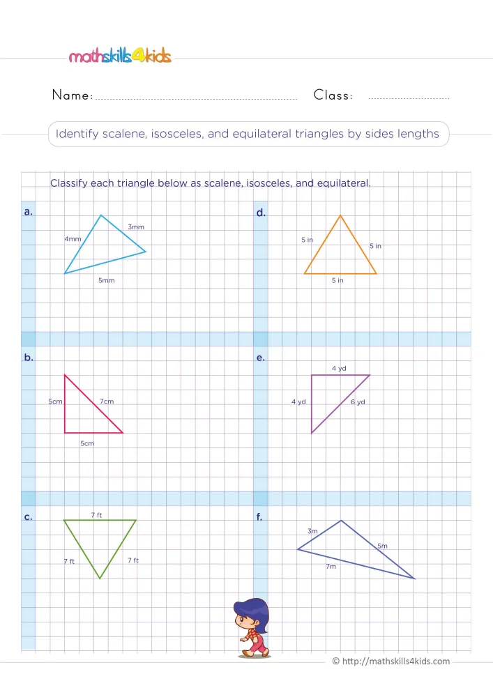 Preview of the triangles page: six coloured triangles with labelled side lengths in blue frames on purple grid paper.