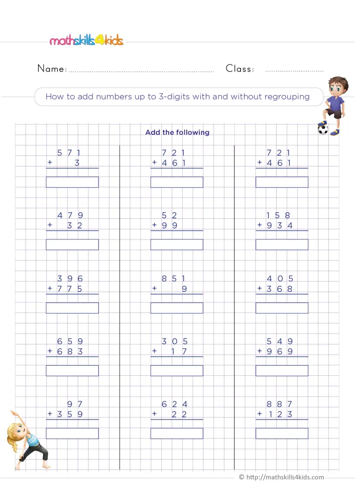 Preview of the column addition page on a purple grid, with fifteen sums in three columns and an answer box under each.