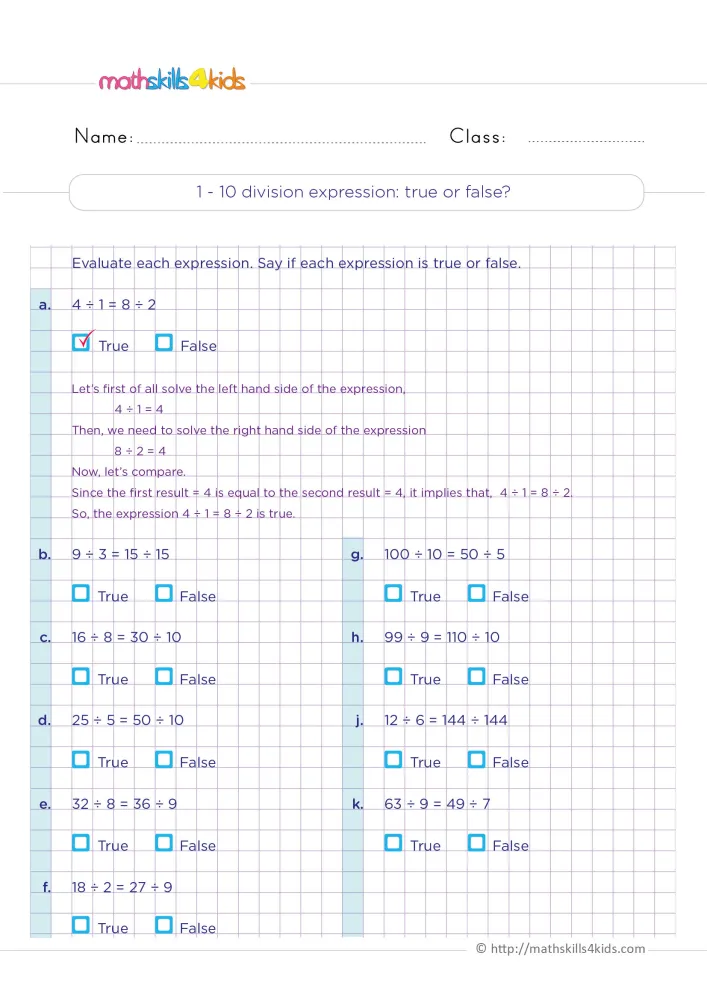 Preview of the comparing division expressions page: a worked example, then nine equations with True and False boxes on a grid.