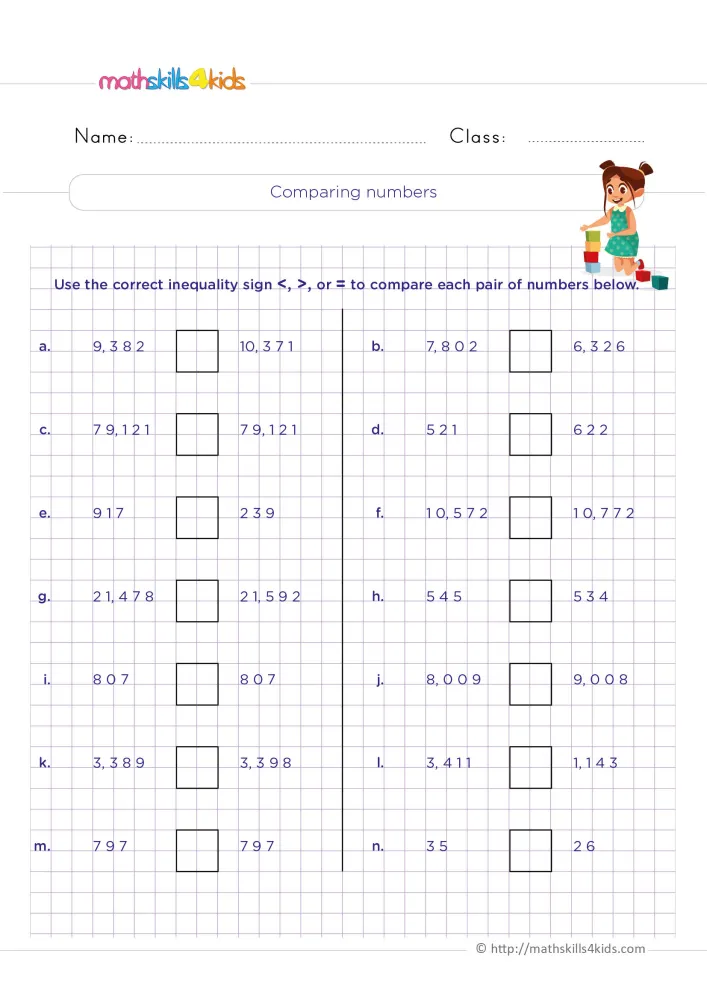 Preview of the comparing numbers page on a purple grid, with two columns of number pairs labeled a to n.