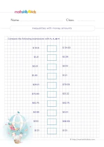 3rd Grade Comparing Money Amounts Worksheet: Use >, < or =