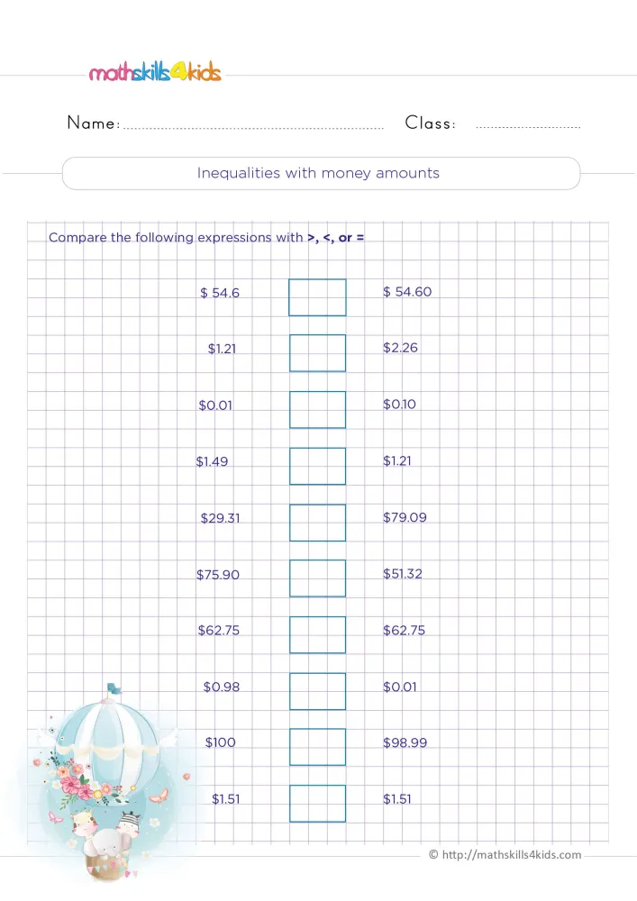 Preview of the comparing money amounts page: ten pairs of prices on grid paper and a hot-air balloon with flowers.