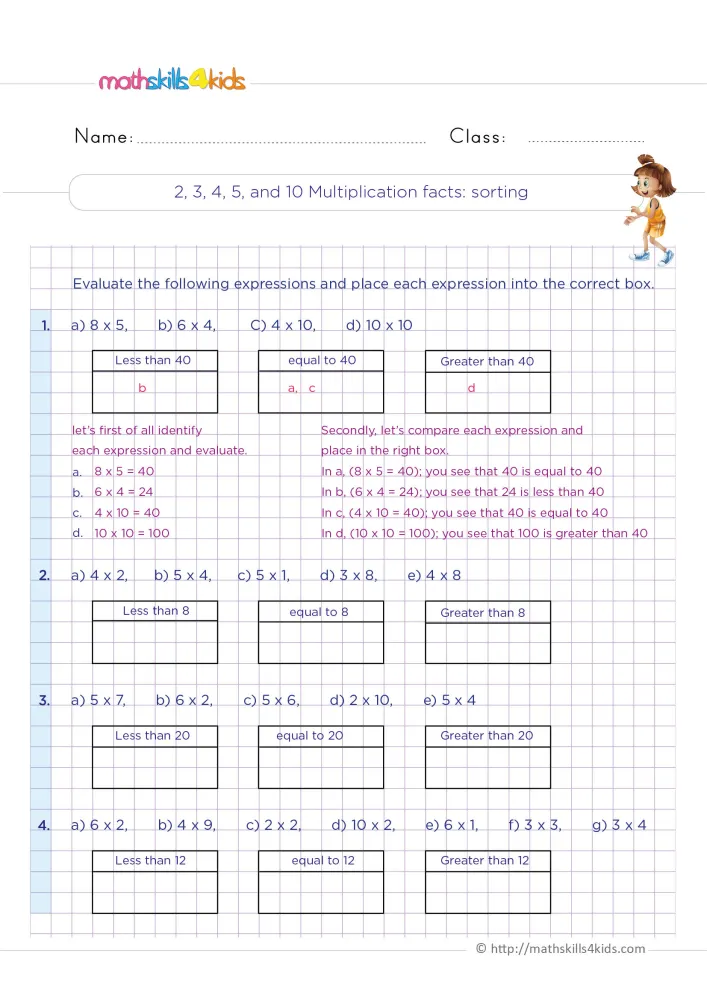 Preview of the multiplication facts sorting page: a worked example, then three sets of facts with less than, equal and greater boxes.