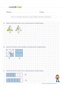 3rd Grade Comparing Same Numerator Fractions Worksheet: Three Models