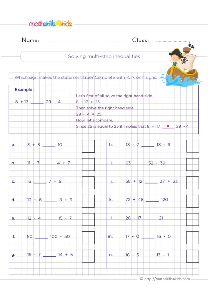 Preview of the page on a purple grid, with a pirate ship, an example box and statements labeled a to n.