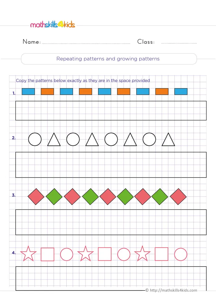 Preview of the copying shape patterns page: four rows of colored shapes on grid paper, each above an empty box.