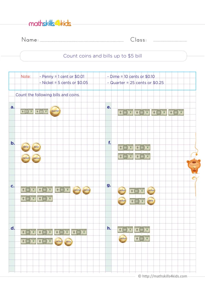 Preview of the count coins and bills page: eight sets of bills and coins on a grid, with a coin value note at the top.