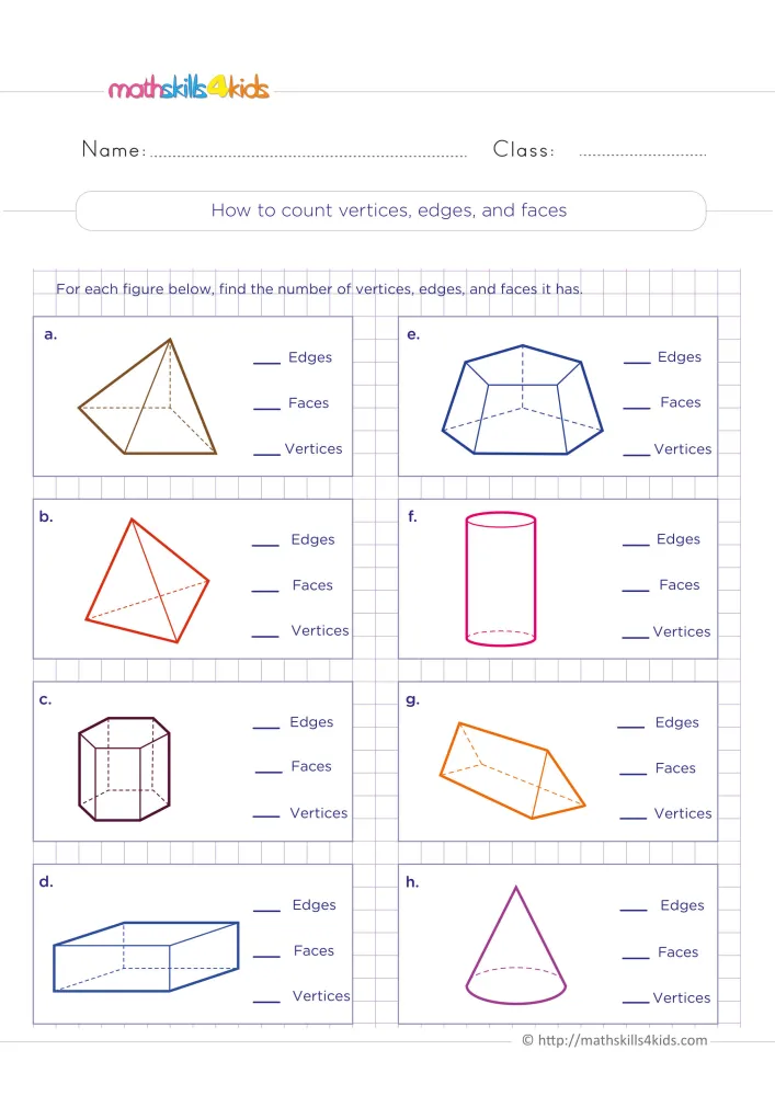 Preview of the counting page: eight drawn 3D shapes on a grid, each with blanks for edges, faces and vertices.