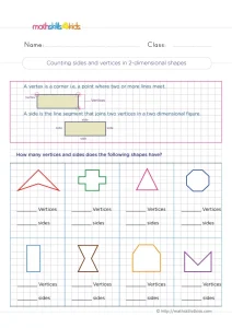 3rd Grade Counting Sides and Vertices Worksheet: 8 Flat Shapes