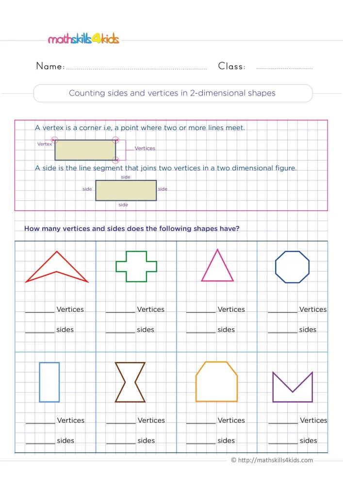 Preview of the sides and vertices page: a reminder box and eight shapes in blue frames on grid paper.