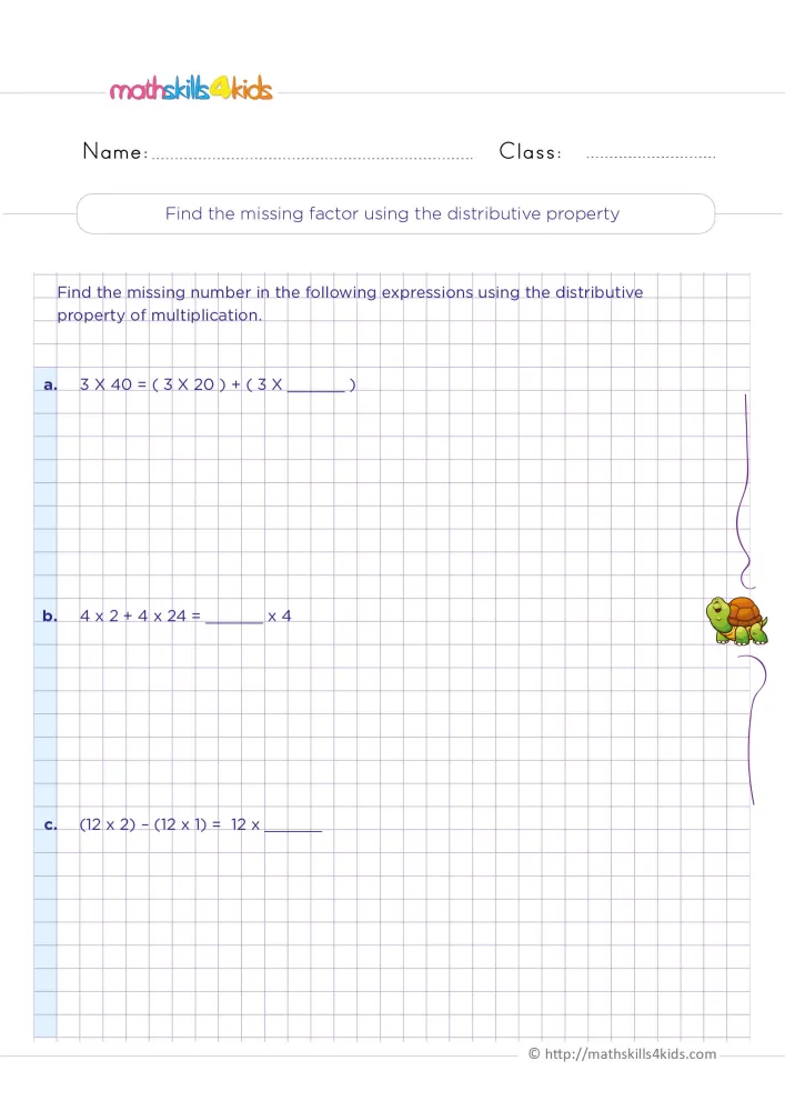 Preview of the distributive property page: three equations with blanks, wide grid space for working and a turtle.