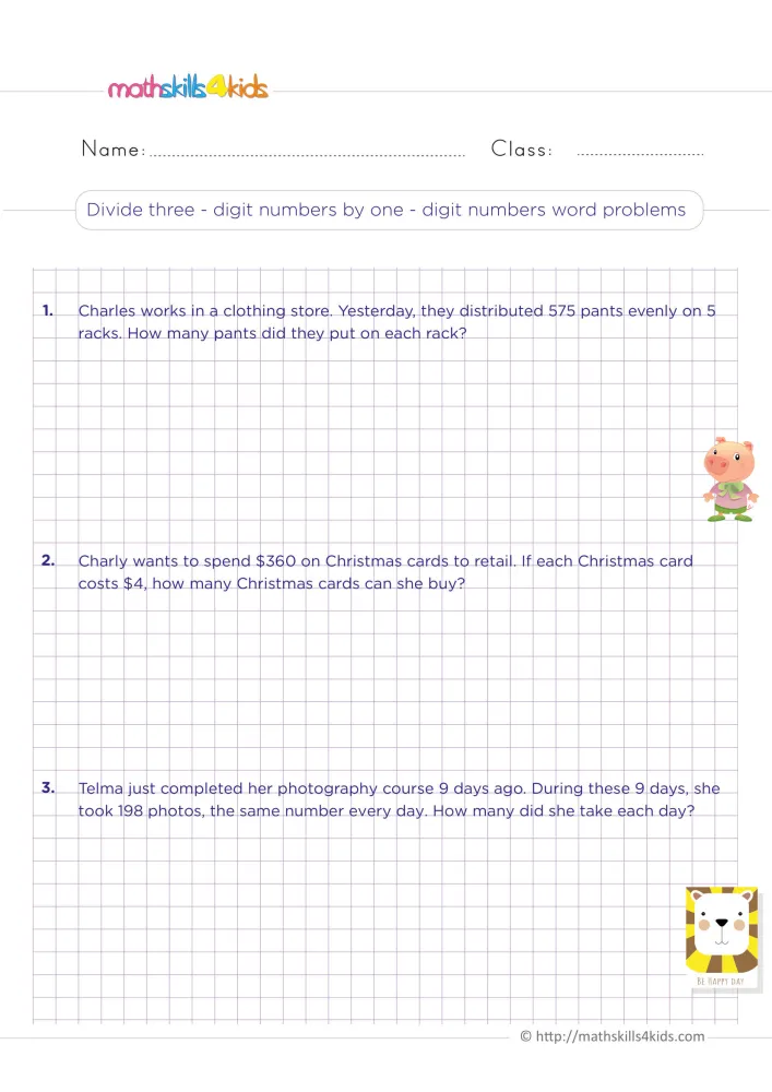 Preview of the division word problems page: three stories with lines for the facts and a long division box for each one.