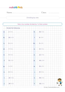3rd Grade Divide by 1 Worksheet: 20 Facts and the Rule of One