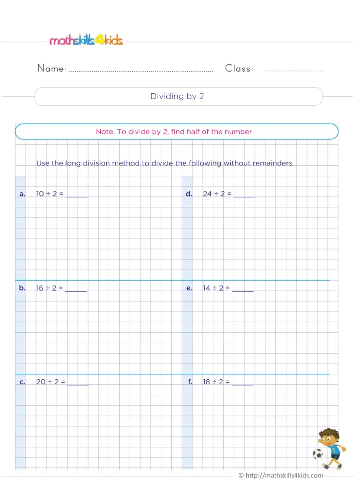 Preview of the dividing by 2 page: a note on halving, six divisions a to f with room for long division, and a boy with a ball.