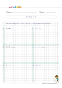 3rd Grade Divide by 3 Worksheet: Long Division Without Remainders