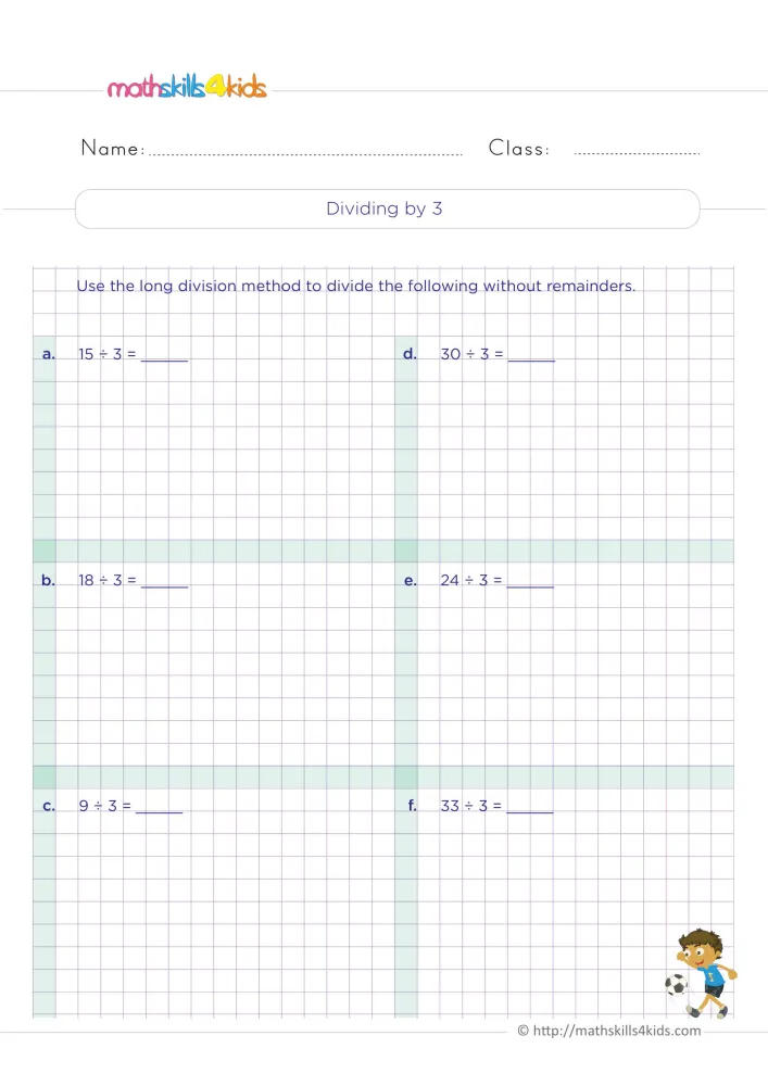 Preview of the dividing by 3 page: six divisions a to f with room for long division, and a boy with a soccer ball in the corner.