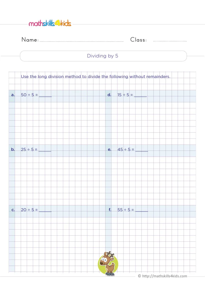 Preview of the divide by 5 page: six division problems on blue bands, grid space for long division and a cartoon deer.