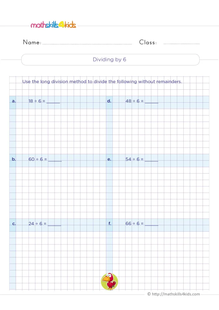 Preview of the dividing by 6 page: six problems on blue bands in two columns, with grid space and a small red parrot.