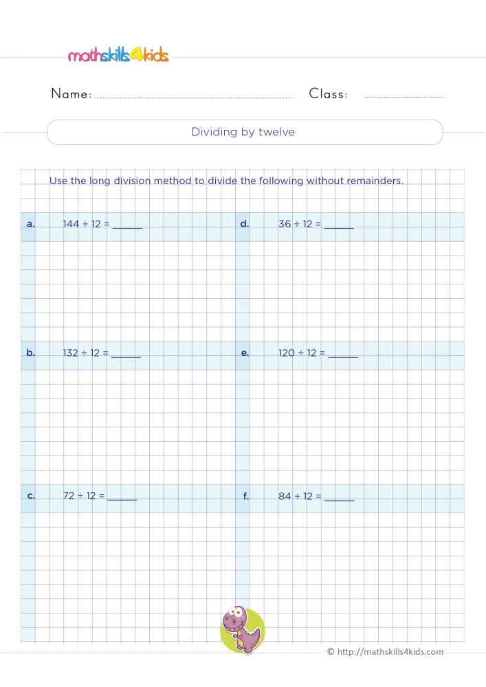 Preview of the dividing by 12 page: six division problems in two columns, grid space below each one and a purple dinosaur.