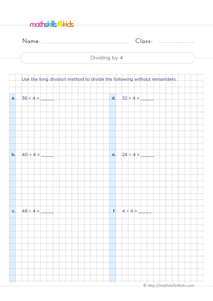 Preview of the dividing by 4 page: six division problems in two columns, with empty grid space below each one for working.