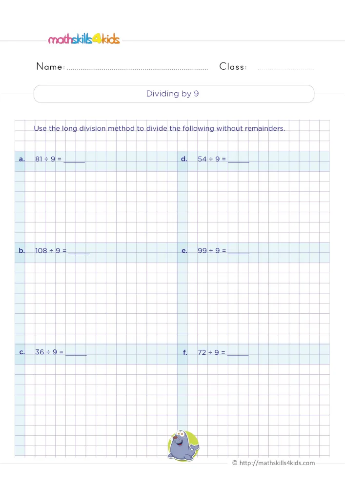 Preview of the dividing by 9 page: six division problems on blue bands, grid space for working and a smiling grey seal.