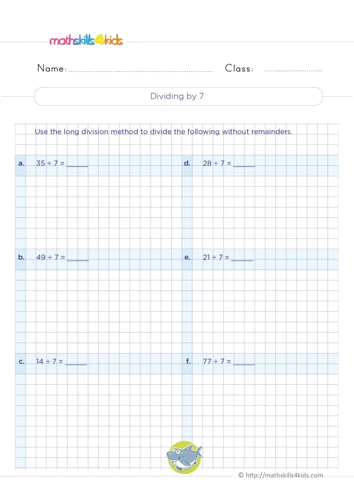 Preview of the dividing by seven page: six division problems on blue bands, grid space for working and a cartoon shark.