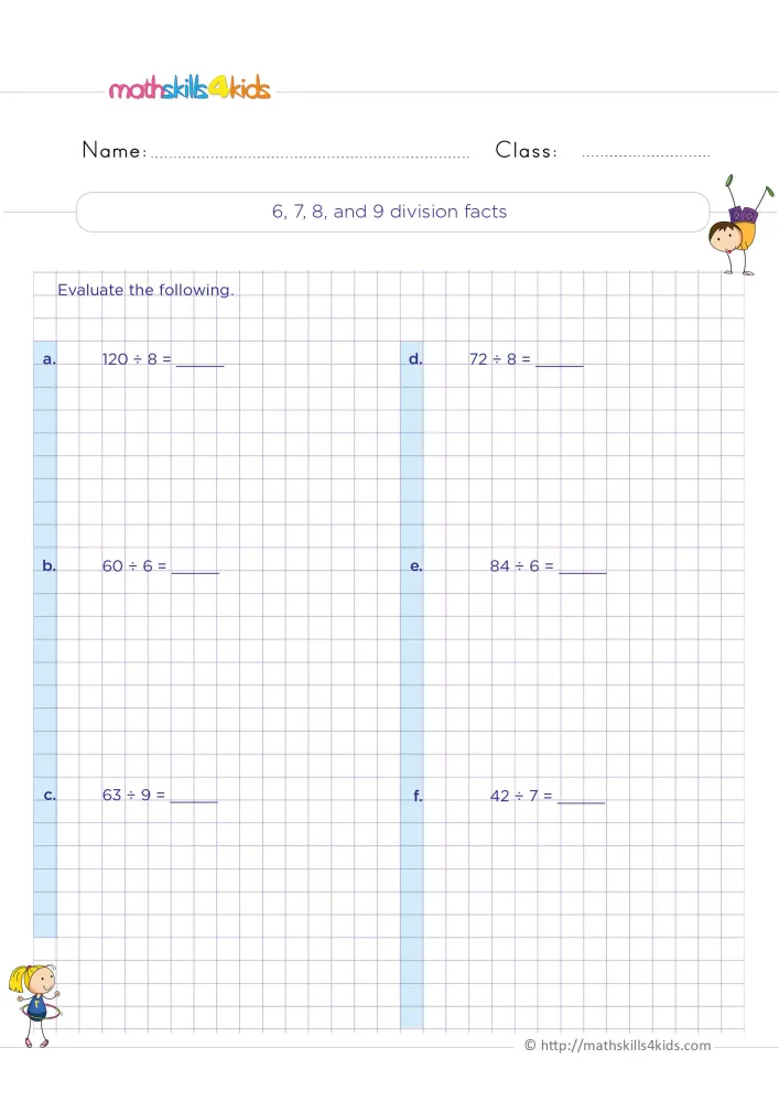 Preview of the division facts 6 to 9 page: six problems on blue bands, grid space for working and a boy doing a handstand.