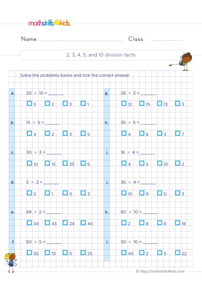 Preview of the division facts page: twelve problems in two columns with four tick boxes each, a girl stretching and a hula hoop girl.