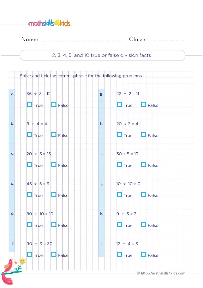 Preview of the true or false page: twelve division facts in two columns with True and False boxes and a pink bird on a branch.