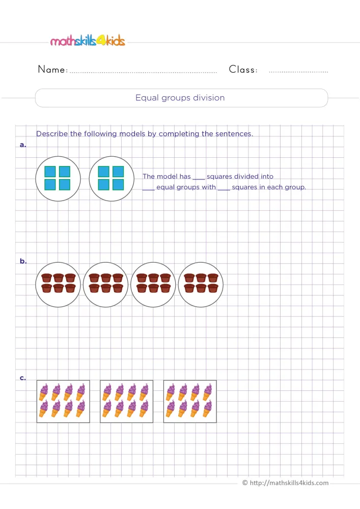 Preview of the division models page: squares in two circles with a sentence to fill, then muffins and ice creams.