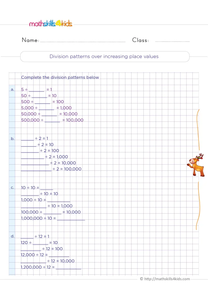 Preview of the division patterns page: four columns of six lines with blanks to fill, on a purple grid with a small reindeer.