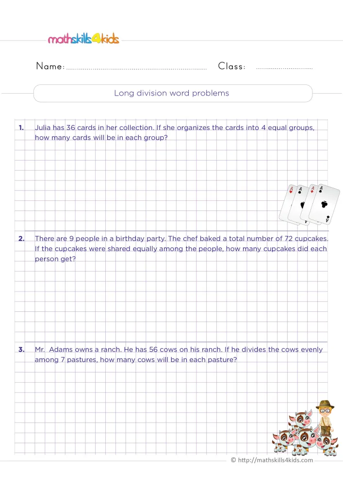 Preview of the division story problems page: three stories with grid space for working, playing cards and a farmer with calves.