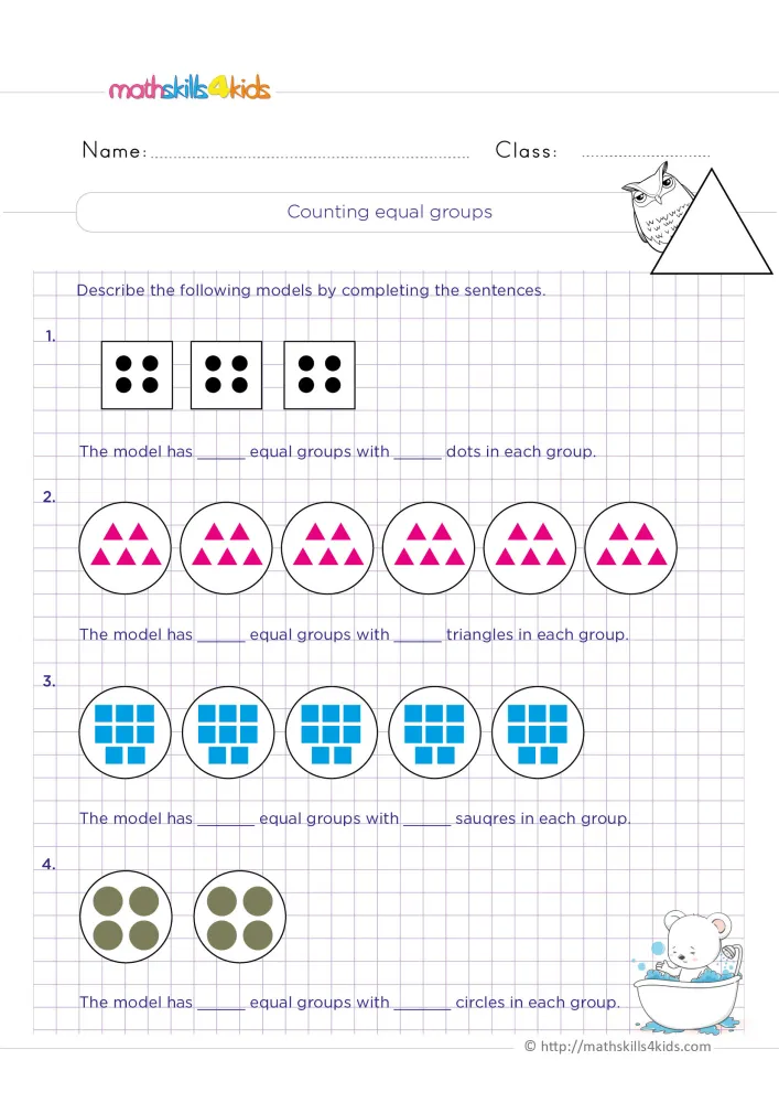 Preview of the equal groups page on a purple grid: dot cards, circles of pink triangles, blue squares and two circles of gray dots.
