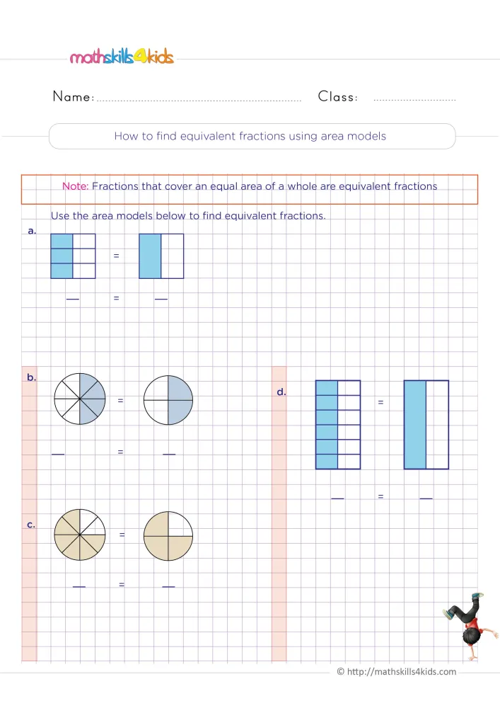 Preview of the equivalent fractions with shaded shapes page: blue and beige models in pairs and a boy spinning on one hand.