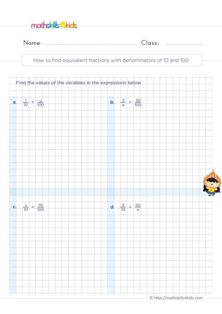 Preview of the equivalent tenths and hundredths page: four boxed equations with letters and a girl in a round orange hat.