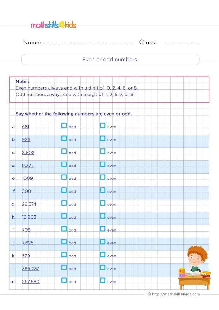 Preview of the even or odd page on a purple grid, with a note on last digits and thirteen numbers labeled a to m.