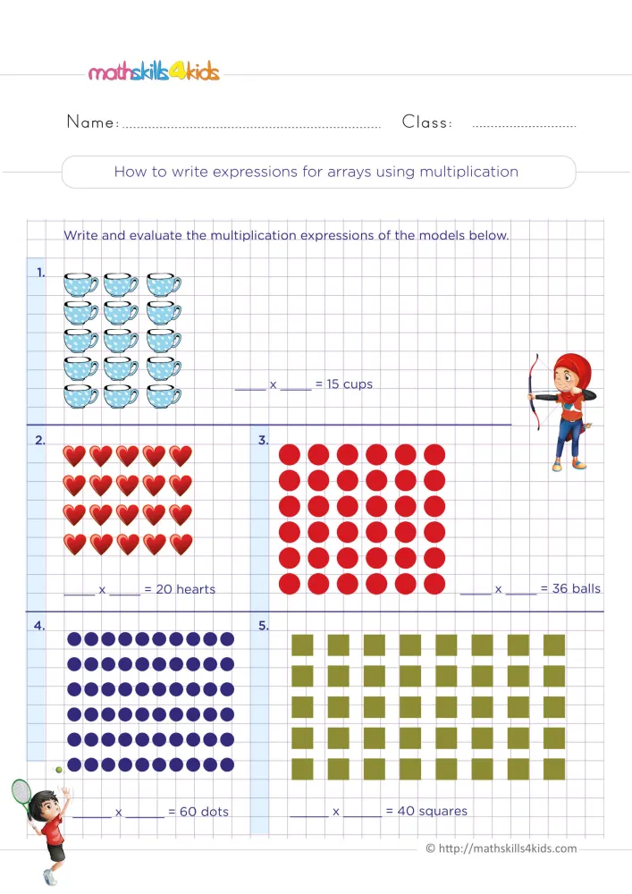 Preview of the arrays page: five arrays with blank lines to write each multiplication expression and its product.