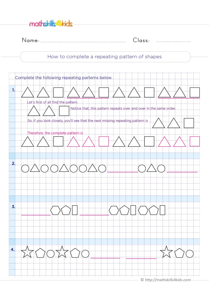 Preview of the filling gaps in a pattern page: four rows of outline shapes on grid paper, with blank lines to draw on.