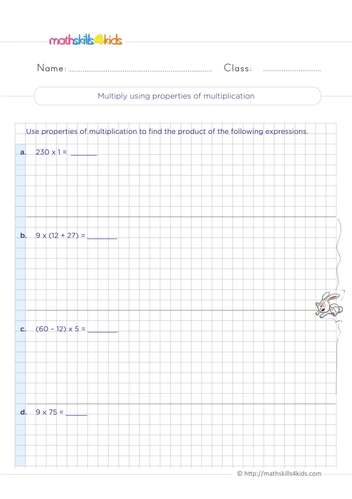 Preview of page one: four multiplication expressions on a grid, labelled a to d, each with room to show the working.