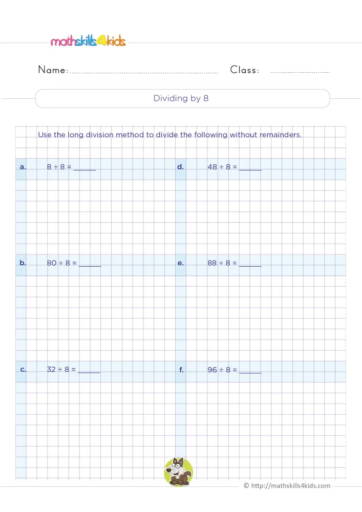 Preview of the finding quotients by 8 page: six division problems in two columns, grid space and a small cartoon animal.