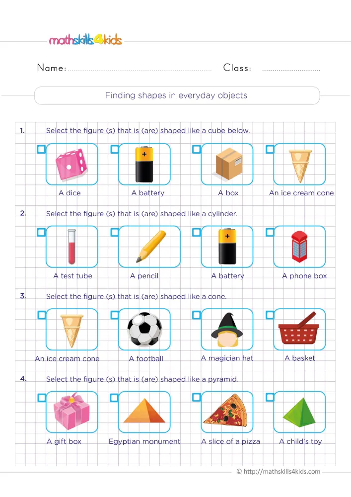 Preview of the everyday shapes page: sixteen coloured object pictures in blue frames with tick boxes on purple grid paper.