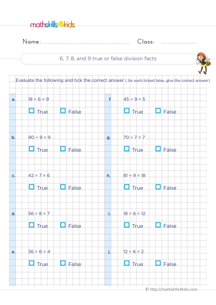 Preview of the false division facts page: ten facts by 6 to 9 in two columns, True and False boxes, and a smiling bee girl.