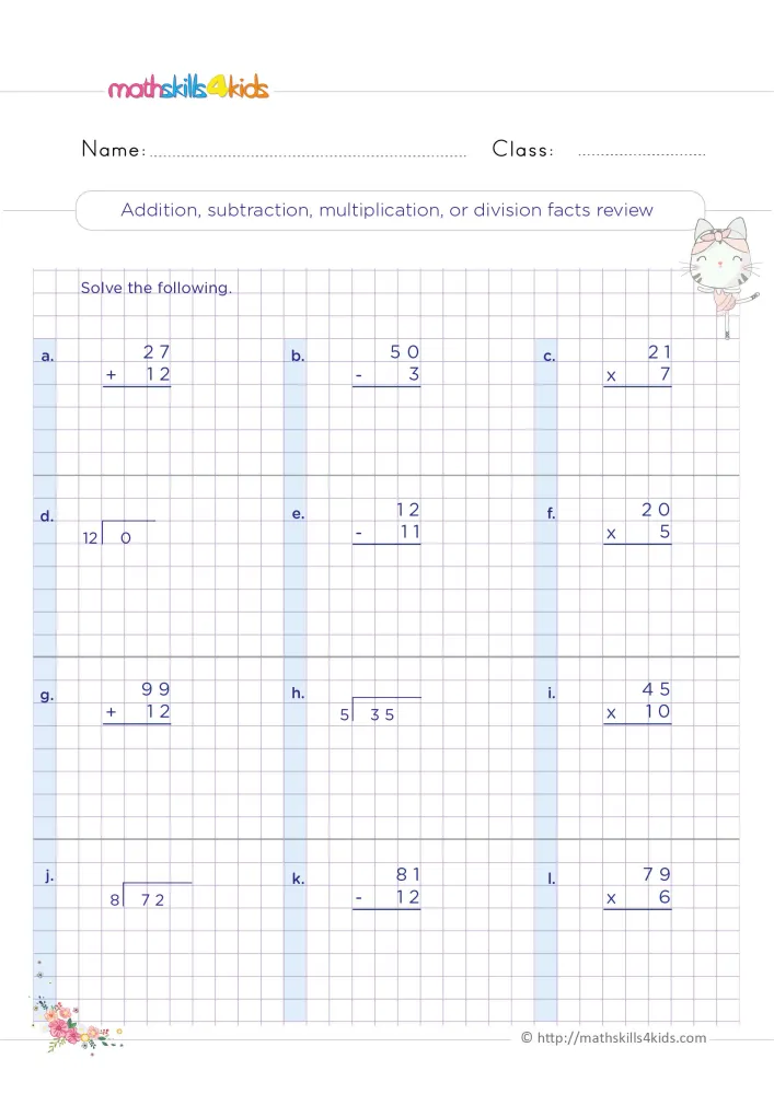 Preview of the four operations review page: twelve problems in three columns on a purple grid, a dancing kitten and flowers.