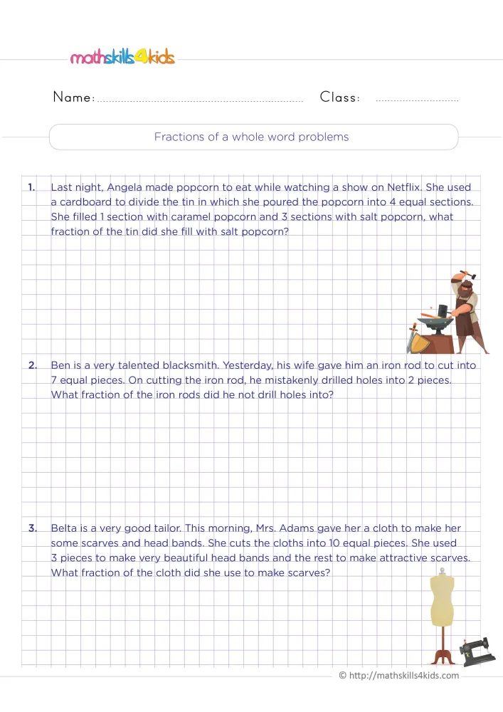 Preview of the fraction of a whole problems page: three word problems on grid paper, a blacksmith and a sewing machine.