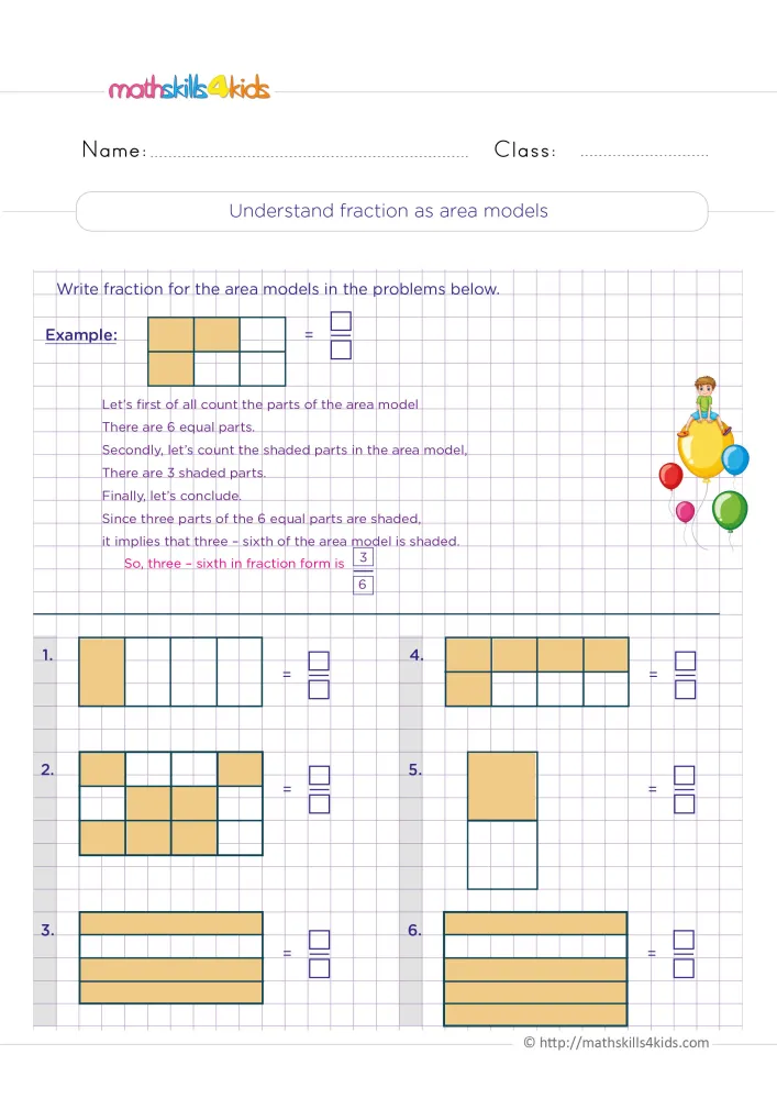 Preview of the fractions as area models page: a worked example, six shaded models on grid paper and a boy on yellow balloons.