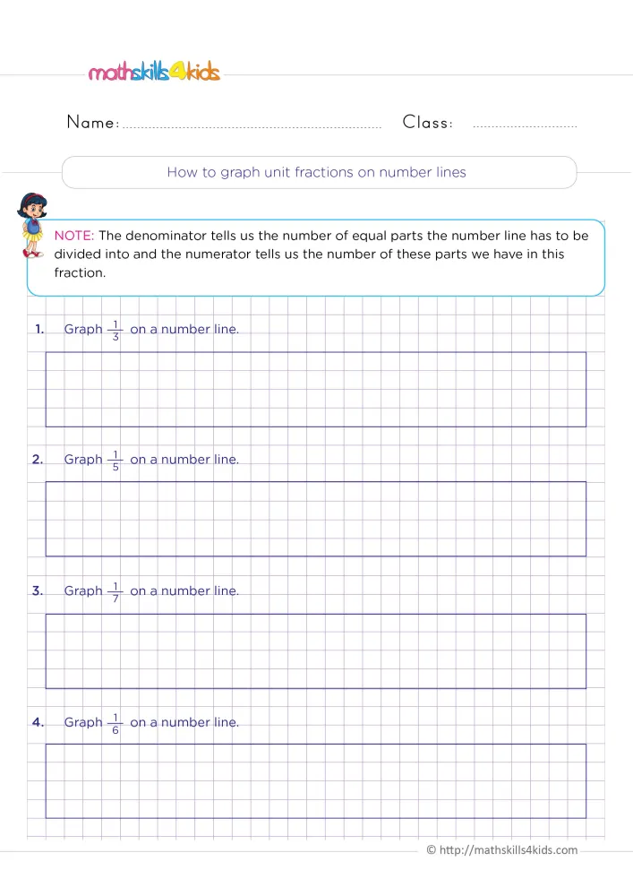 Preview of the graphing unit fractions page: a pink note, four empty boxes on grid paper and a girl with a red bow.